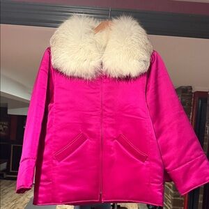Oscar de la Renta Fuchsia Jacket with Cream Faux Fur Collar